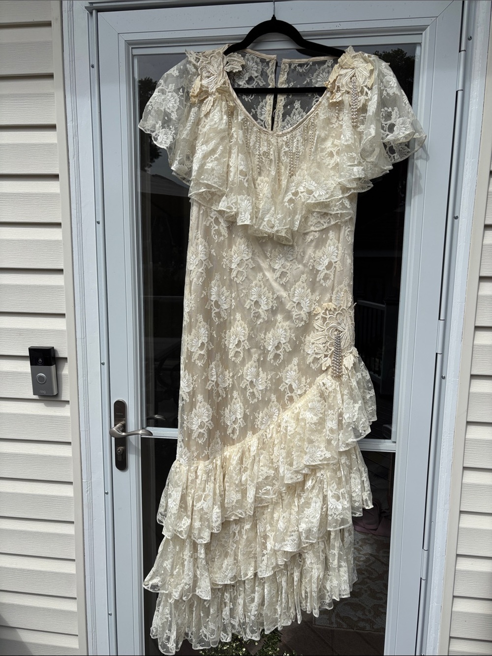 Lorrie Kabala Cream Lace Asymmetrical Ruffle Dress-8-Wedding Victorian